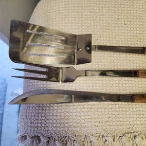 BBQ SET. 3 PIECE. MID-CENTURY SS JAPAN WITH TEAK HANDLES.